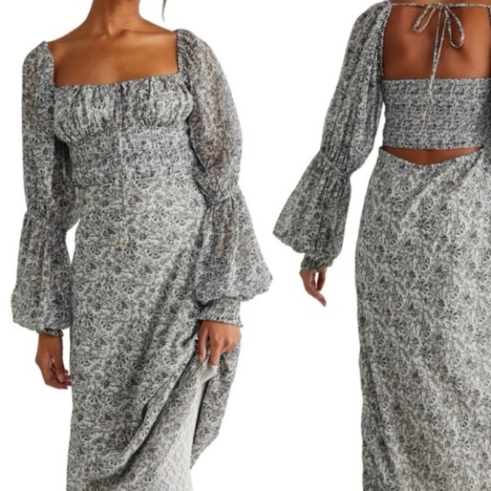FREE PEOPLE GLOW UP MIDI DRESS SIZE XS SLATE GRAY OPEN BACK CHIFFON
